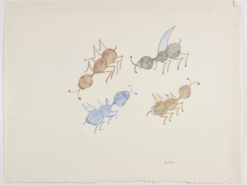 Four ant-like creatures crawling in a circle. Presented in a two-dimensional style and using brown