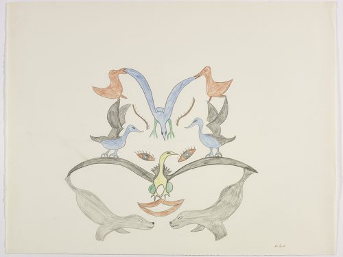 Six oiseaux et deux phoques disposés en forme de visage. Œuvre bidimensionnelle exécutée en orange, bleu, vert, gris et noir.