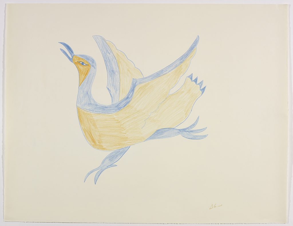 One bird with its wings outstretched that is looking up. Presented in a two-dimensional style and using yellow