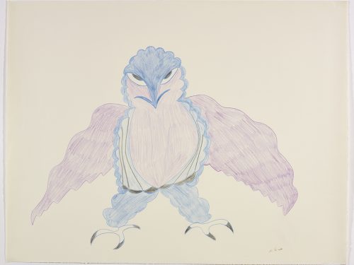 An owl with its wings outstretched with big claws. Presented in a two-dimensional style and using blue