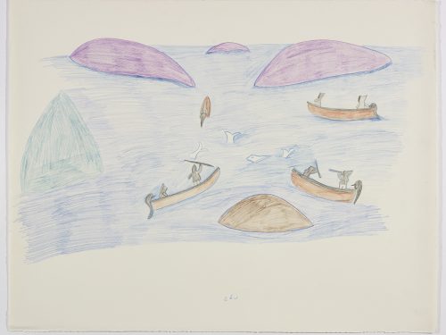 Seven people hunting belugas on boats near islands. Presented in a two-dimensional style and using purple