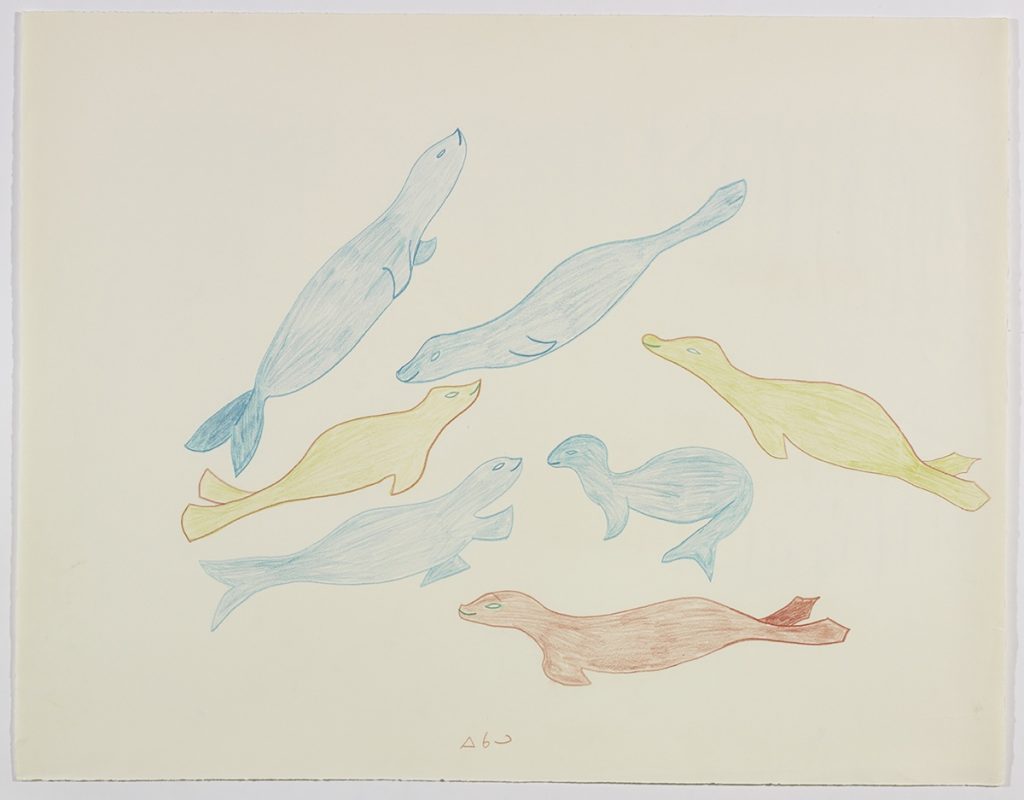 Seven seals swimming in a group. Presented in a two-dimensional style and using blue