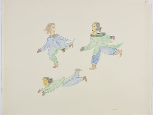 Three children playing tag and the one the bottom is crawling. Presented in a two-dimensional style and using blue