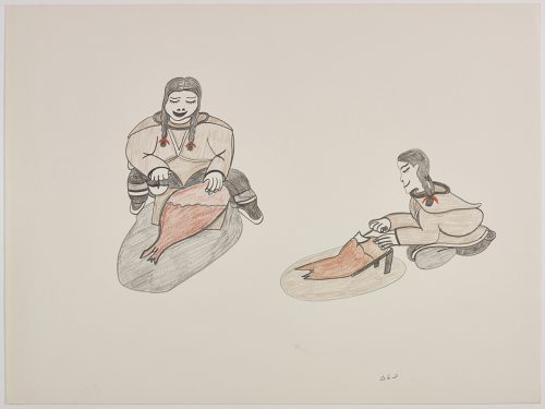 Two women skinning sealskins using ulus. Presented in a two-dimensional style and using brown