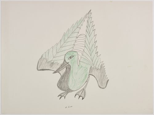 Un oiseau avec des plumes d'ailes pointues, tourné vers le coin inférieur gauche. Œuvre bidimensionnelle exécutée en vert, noir et gris.