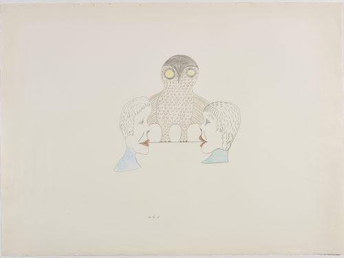 Two people facing each other in front of an owl. Presented in a flattened vertical perspective style and using brown
