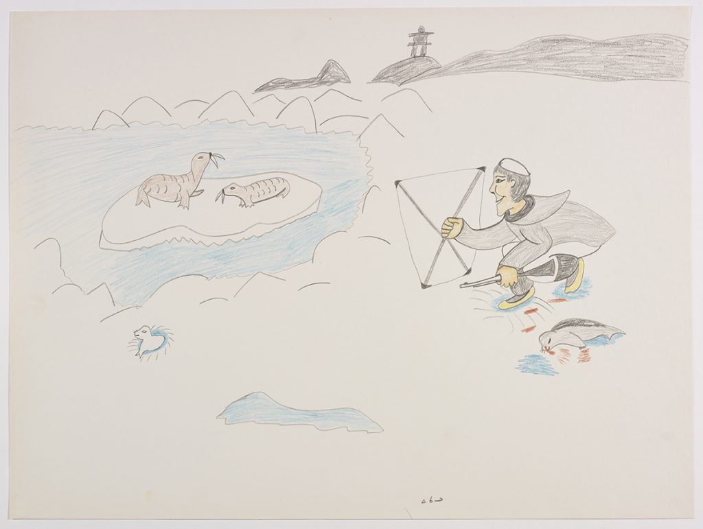 Two seals on an ice floe being hunted by a man with a gun and a white tarp to hide himself from the seals. There is a small dead seal beside him. Presented in a flattened vertical perspective style and using black