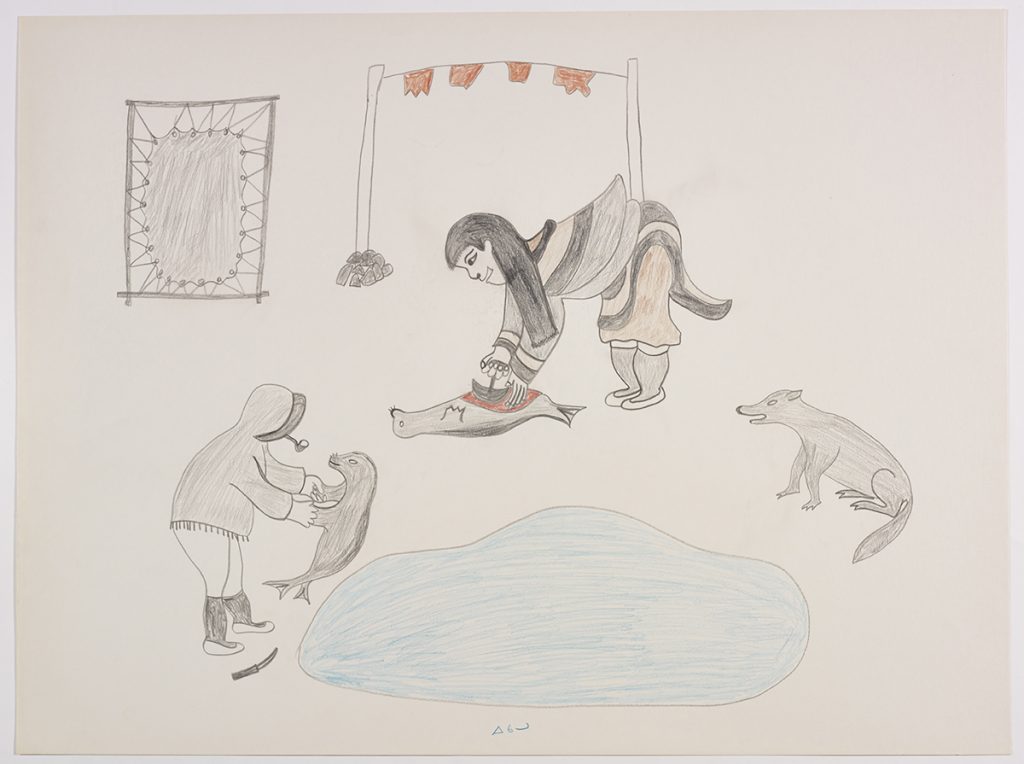 Two people harvesting seals around some open water. They are also stretching a seal skin and drying meat. Presented in a flattened vertical perspective style and using orange