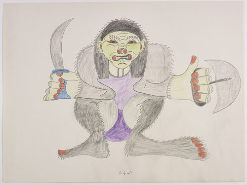An imaginary human-like figure with green skin and red nails holding a knife and a ulu facing forward. Presented in a two-dimensional style and using purple