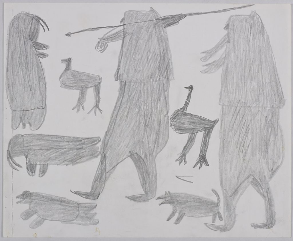 À gauche, deux morses, un phoque et une oie; à droite, deux chasseurs, dont un tient un harpon, une oie et un chien. Œuvre bidimensionnelle exécutée en gris.