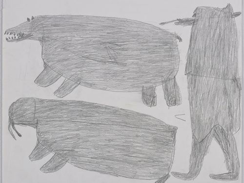 One polar bear and walrus on the left side and one hunter on the right side of the page. They are depicted in a flat