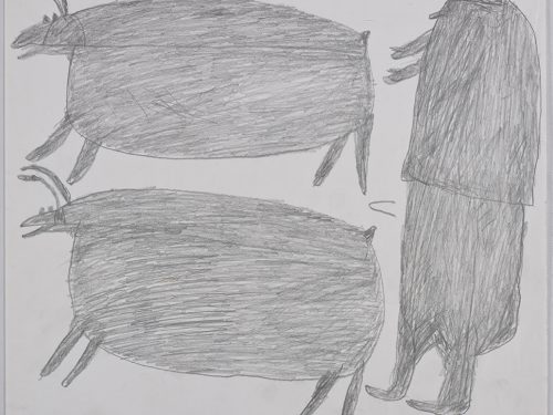 Two caribou on the left side and a human on the right side of the page. They are depicted in a flat