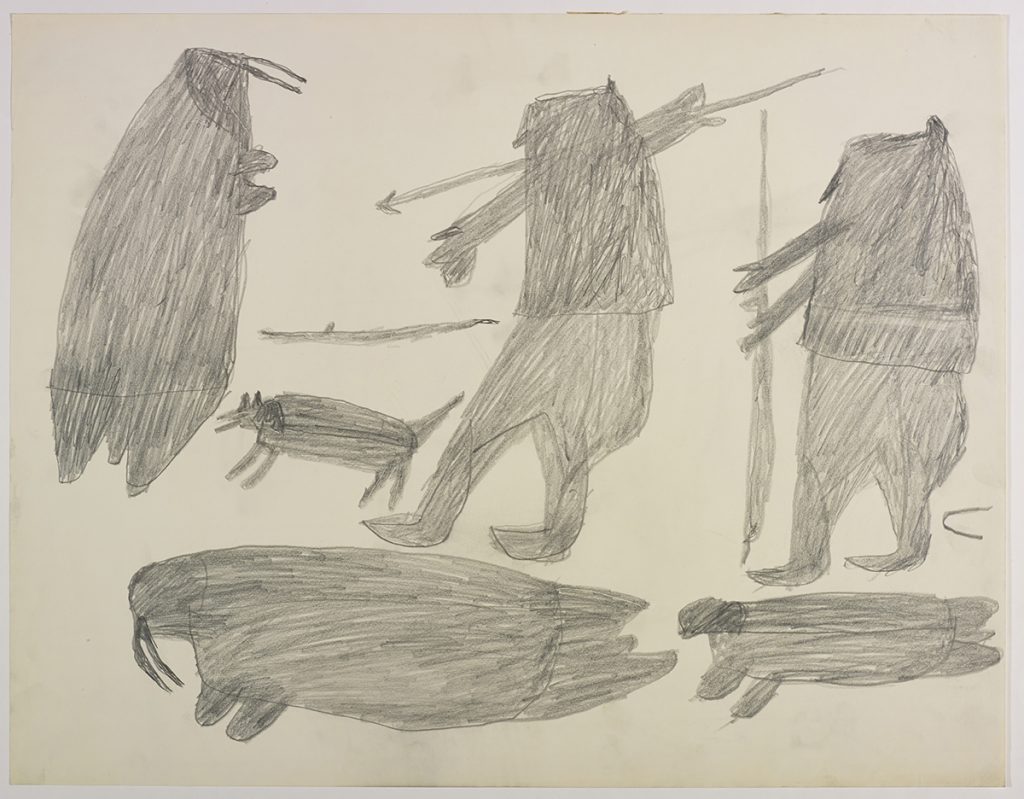 À gauche, deux morses, un chien et un chasseur avec un harpon; à droite, un chasseur tenant un harpon et un phoque. Œuvre bidimensionnelle exécutée en gris.