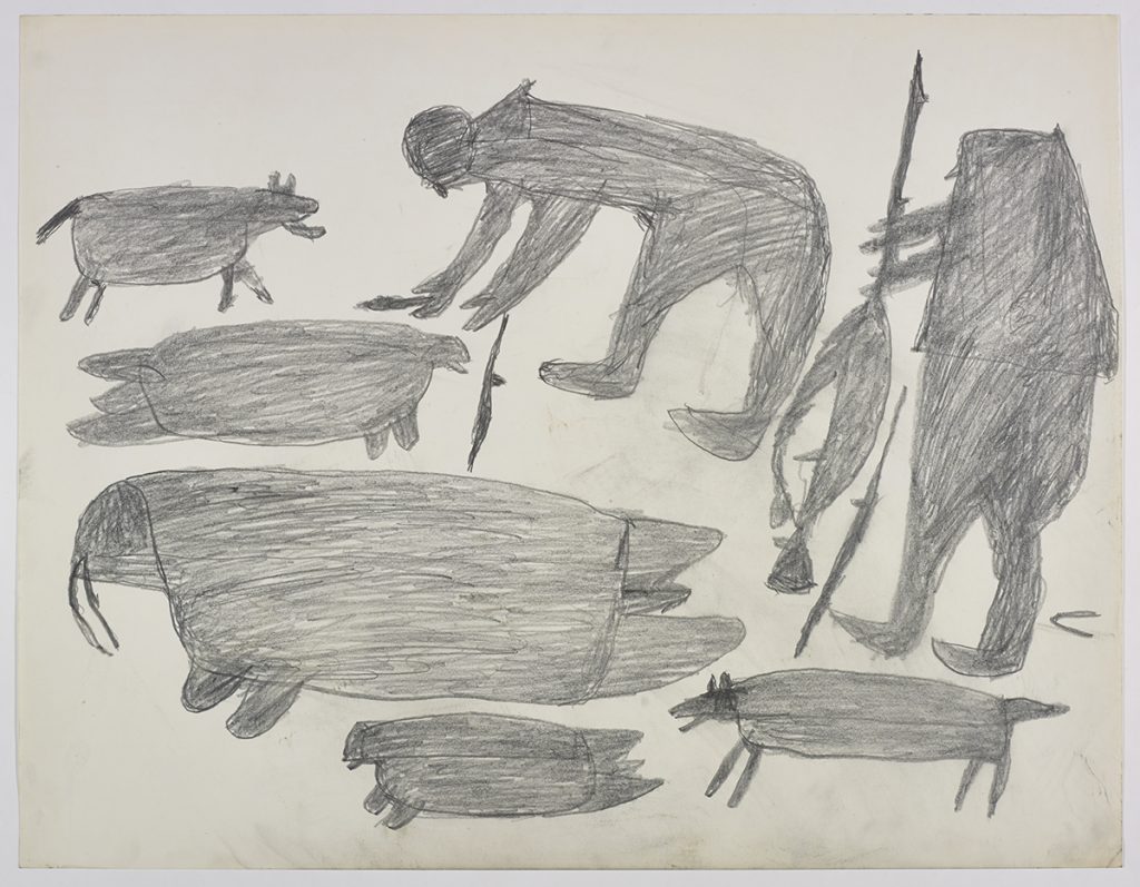 À gauche, un chien, deux phoques et un morse; à droite, deux chasseurs avec leurs armes et un chien. Œuvre bidimensionnelle exécutée en gris.
