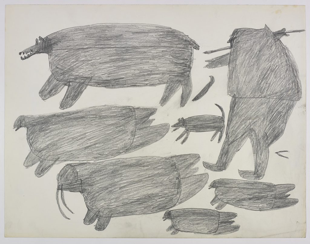 Dans le haut de la page, un chasseur, un ours polaire, un phoque et un chien; dans le bas, deux phoques et un morse. Œuvre bidimensionnelle exécutée en gris.