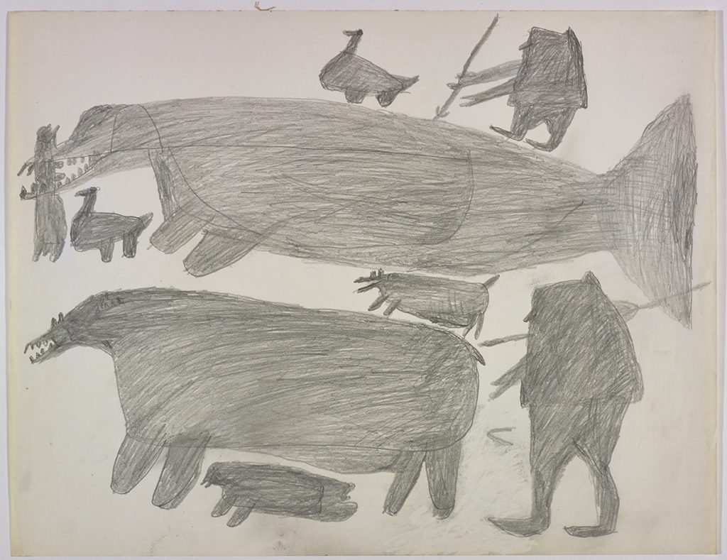 Dans le haut de la page, une créature ressemblant à une baleine mangeant un phoque, deux oies et un chasseur; dans le bas, un ours polaire, un chien, un phoque et un chasseur avec un harpon. Œuvre bidimensionnelle exécutée en gris.