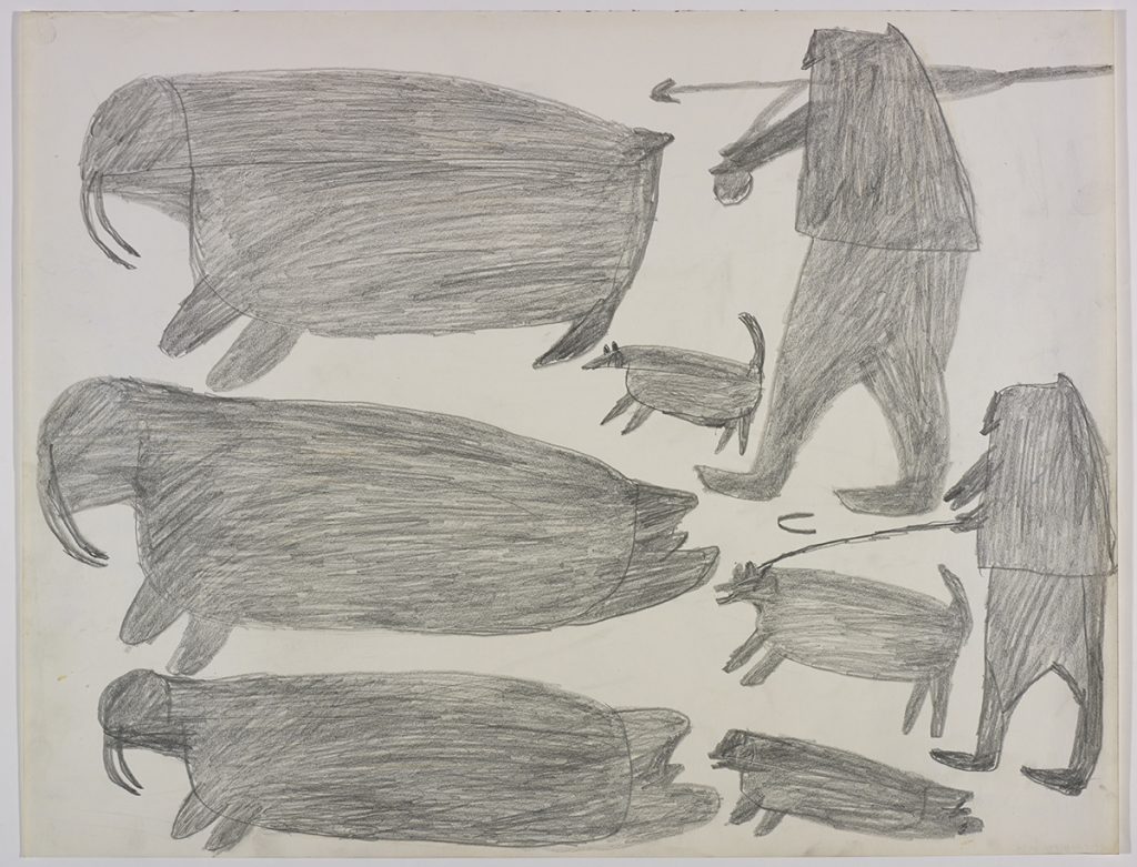 À gauche, trois morses et un chien; à droite, deux chasseurs, dont un tient un chien en laisse. Œuvre bidimensionnelle exécutée en gris.