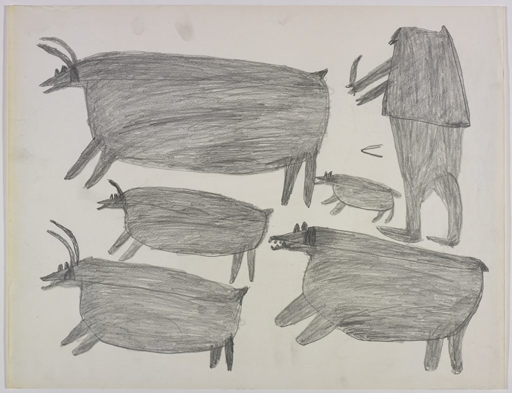 À gauche, trois caribous; à droite, deux ours polaires et un chasseur avec leur couteau. Œuvre bidimensionnelle exécutée en gris.