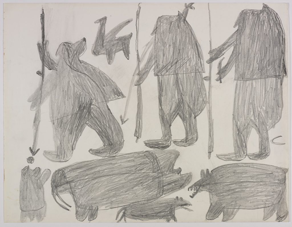 Dans le haut de la page, un personnage ressemblant à un oiseau et trois chasseurs avec leurs armes; dans le bas, un phoque, un morse, un chien et un ours polaire. Œuvre bidimensionnelle exécutée en gris.