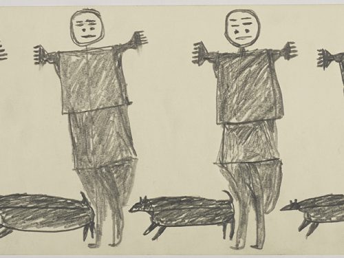 Four people with their hands stretched out and three dogs near the people’s feet. They as a repeating pattern in a flat