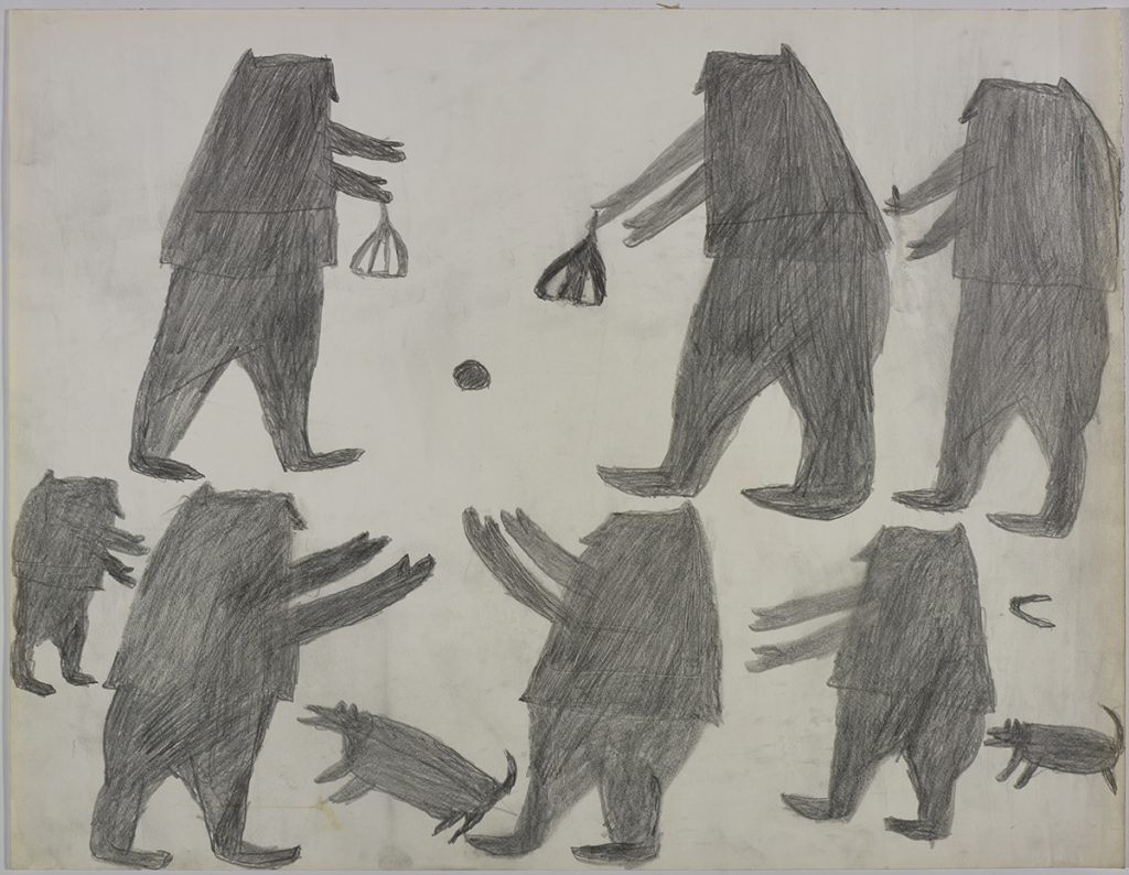 Dans le haut de la page, sept hommes jouant à la balle; dans le bas, deux chiens. Œuvre bidimensionnelle exécutée en gris.