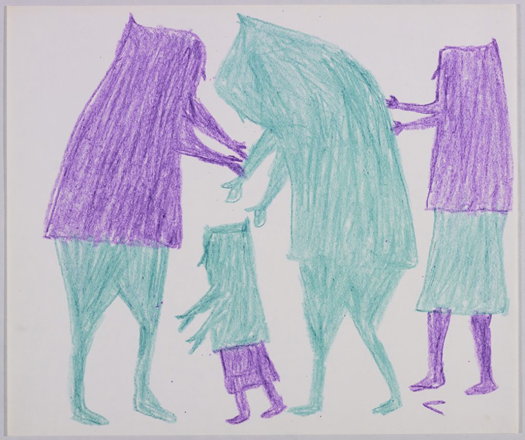 À gauche, un chasseur donnant la main à un autre chasseur avec un enfant; à droite, une femme. Œuvre bidimensionnelle exécutée en violet et bleu-vert.