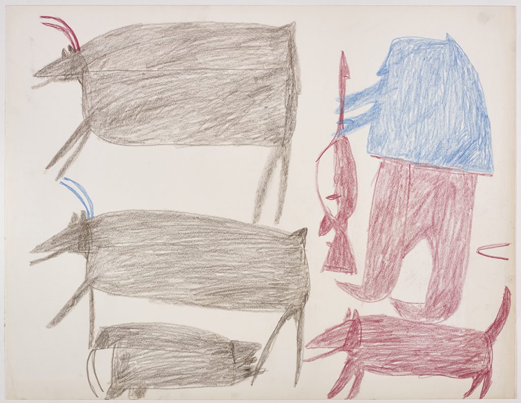 À gauche, deux caribous et un morse; à droite, un chasseur et un chien. Œuvre bidimensionnelle exécutée en brun, bleu et rouge.