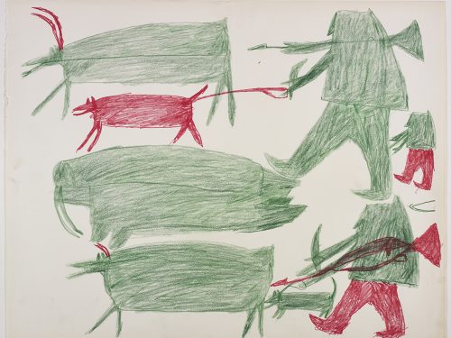 À gauche, deux caribous, un morse et un chien en laisse; à droite, trois chasseurs avec deux armes et un chien. Œuvre bidimensionnelle exécutée en rouge et vert.