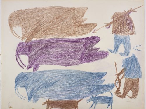 À gauche, trois morses et deux chiens; à droite, deux chasseurs avec des armes. Œuvre bidimensionnelle exécutée en brun, violet et bleu.