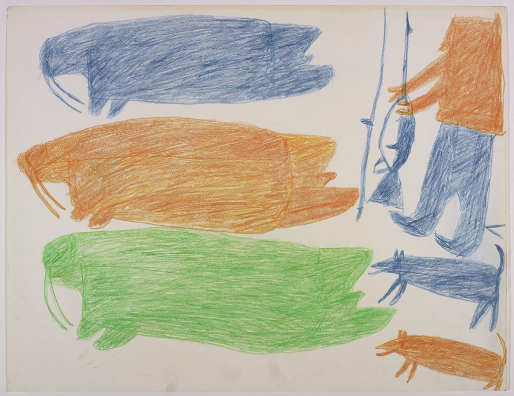 À gauche, trois morses; à droite, un chasseur avec deux armes et deux chiens. Œuvre bidimensionnelle exécutée en bleu, orange et vert.