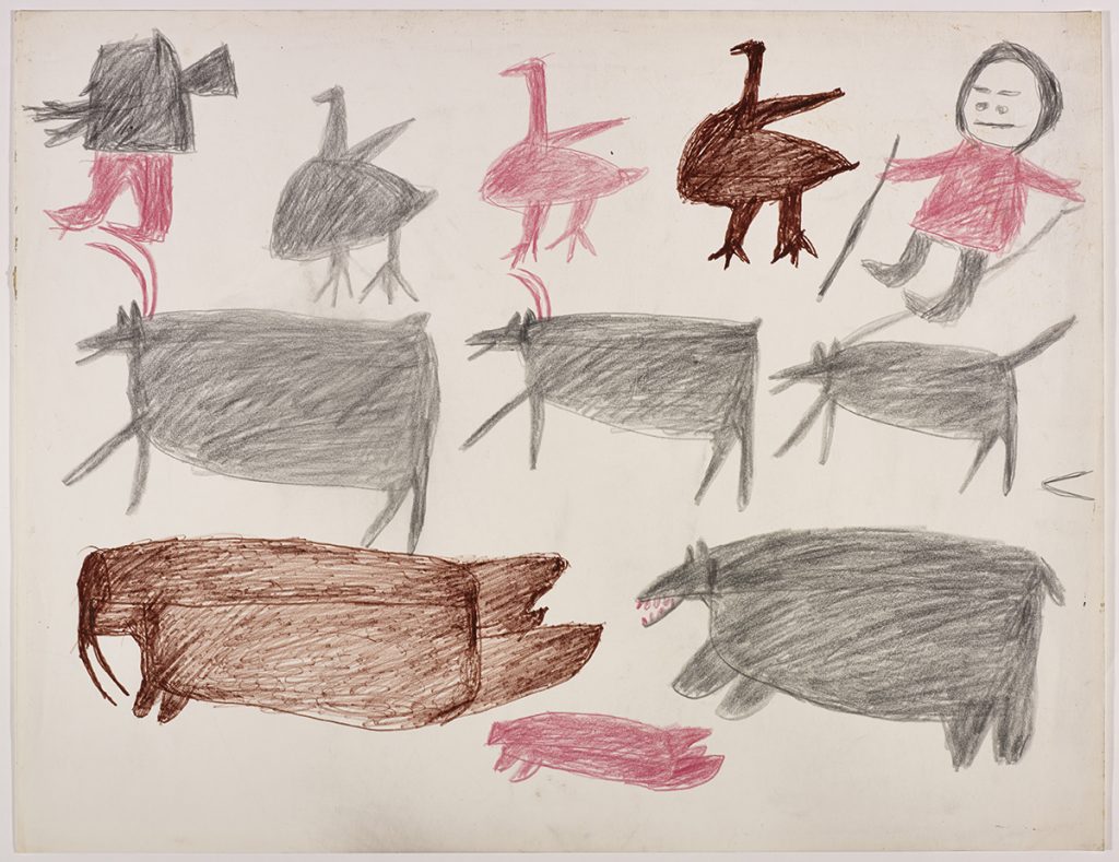 Dans le haut de la page, trois oiseaux et deux chasseurs; dans le bas, deux caribous, un chien, un morse, un ours polaire et un phoque. Œuvre bidimensionnelle exécutée en brun, rouge et noir.