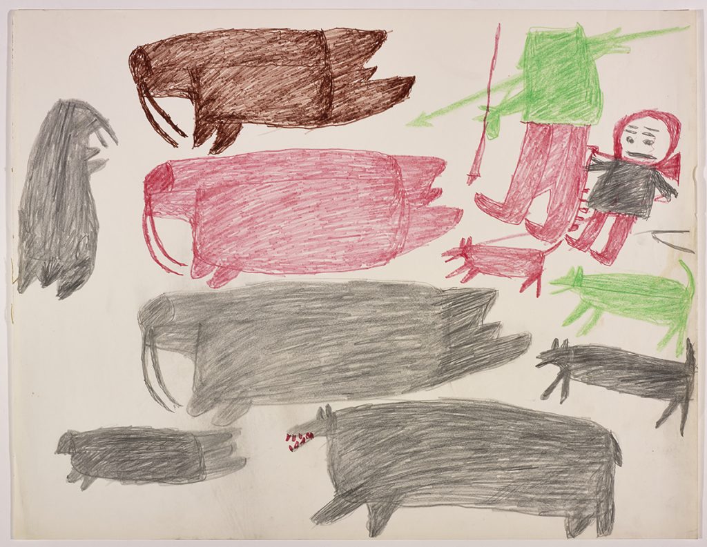 Dans le haut de la page, trois morse, deux chiens et deux chasseurs; dans le bas, un ours polaire, un morse, un phoque et un chien. Œuvre bidimensionnelle exécutée en rouge, vert, brun et noir.