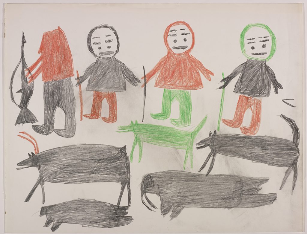 Dans le haut de la page, quatre chasseurs; dans le bas, deux chiens, un caribou, un morse et un phoque. Œuvre bidimensionnelle exécutée en orange, noir et vert.