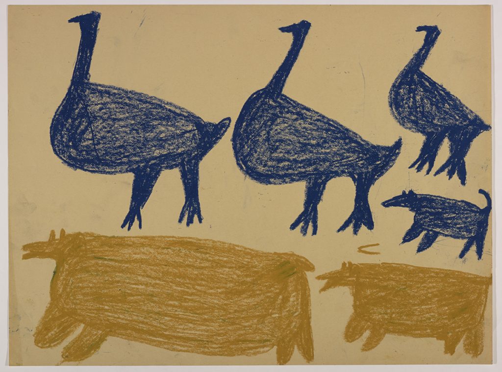 Dans le haut de la page, trois oiseaux et un chien; dans le bas, deux ours polaires. Œuvre bidimensionnelle exécutée en bleu et jaune.