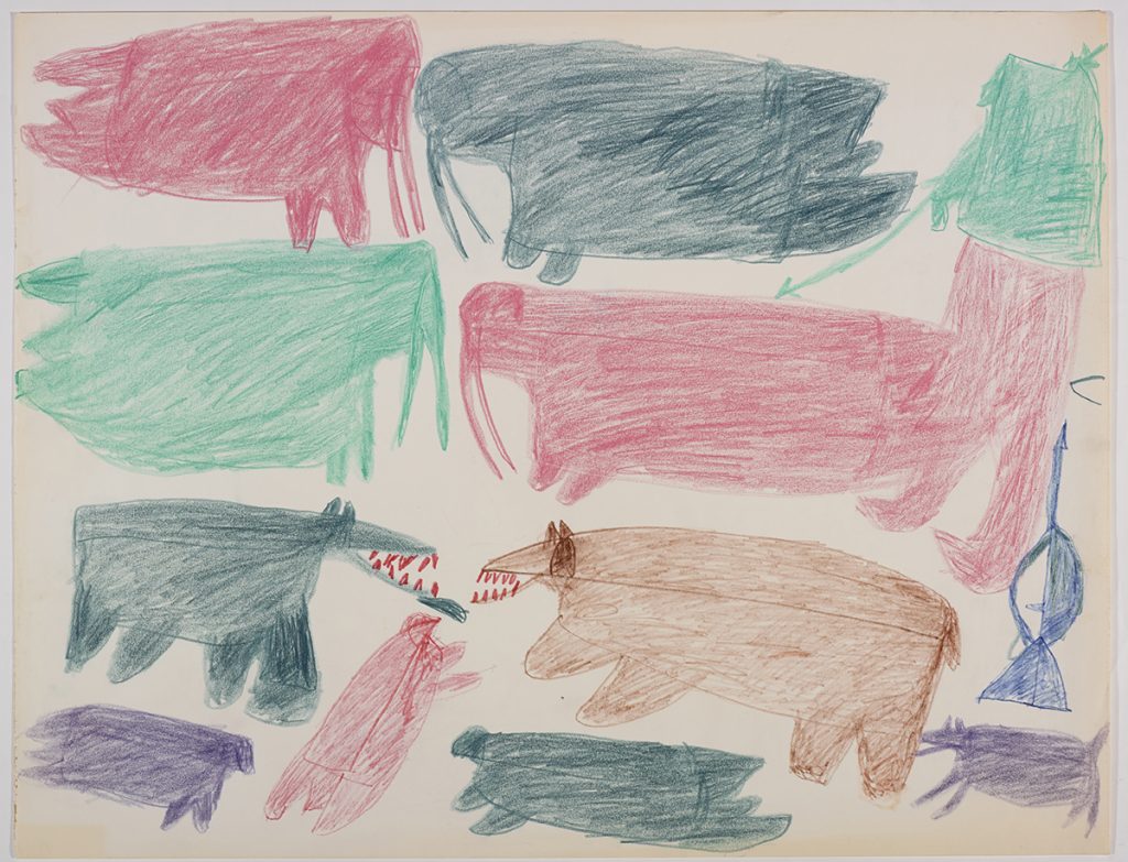 Dans le bas de la page, trois phoques, deux ours polaires et un chien; dans le haut, quatre morses et un chasseur. Œuvre bidimensionnelle exécutée en vert, bleu-vert, rouge, rose, brun et bleu.