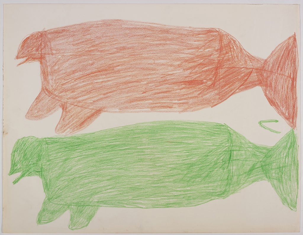 Deux bélugas. Œuvre bidimensionnelle exécutée en orange et vert.
