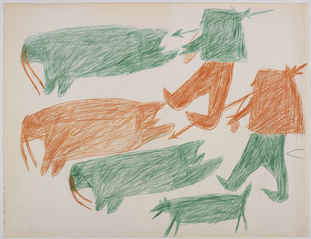 À gauche, trois morses; à droite, deux chasseurs avec des armes et un chien. Œuvre bidimensionnelle exécutée en orange et vert.