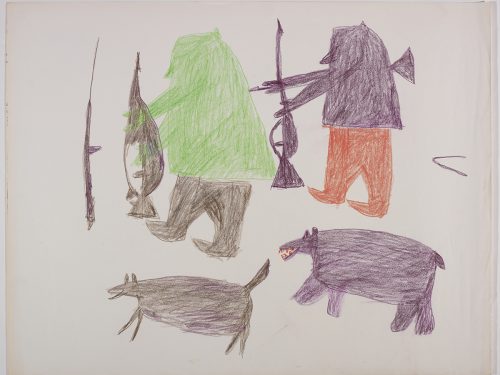 Dans le haut de la page, deux chasseurs avec des armes; dans le bas, un chien et un ours polaire. Œuvre bidimensionnelle exécutée en violet foncé, vert et rouge.