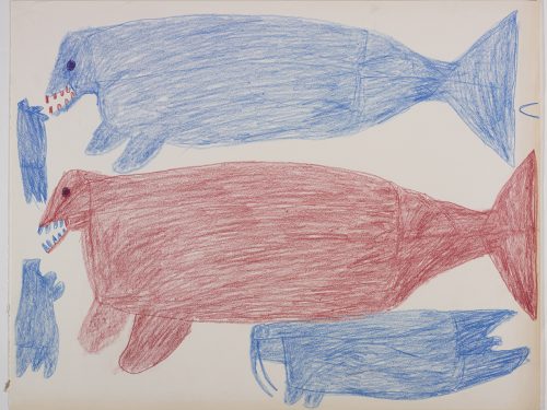 Dans le haut de la page, une baleine et un phoque; dans le bas, une grande baleine, un phoque et un morse. Œuvre bidimensionnelle exécutée en bleu et rouge.