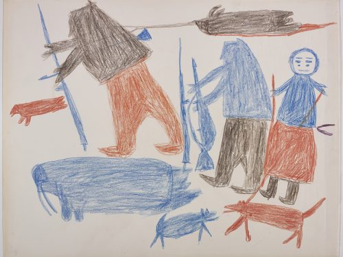 À gauche, un chasseur, un morse et un phoque; à droite, un morse mort, deux humains et deux chiens. Œuvre bidimensionnelle exécutée en noir, orange et bleu.