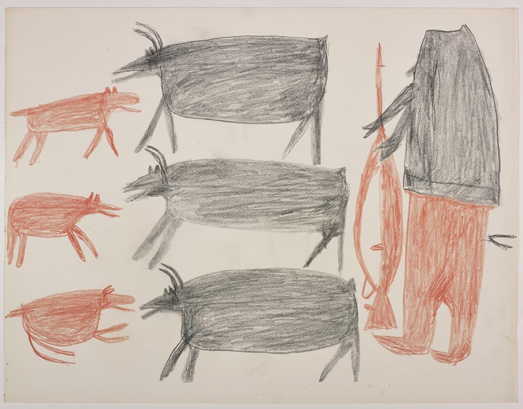 À gauche, trois chiens et trois caribous; à droite, un chasseur avec des armes. Œuvre bidimensionnelle exécutée en noir et orange.