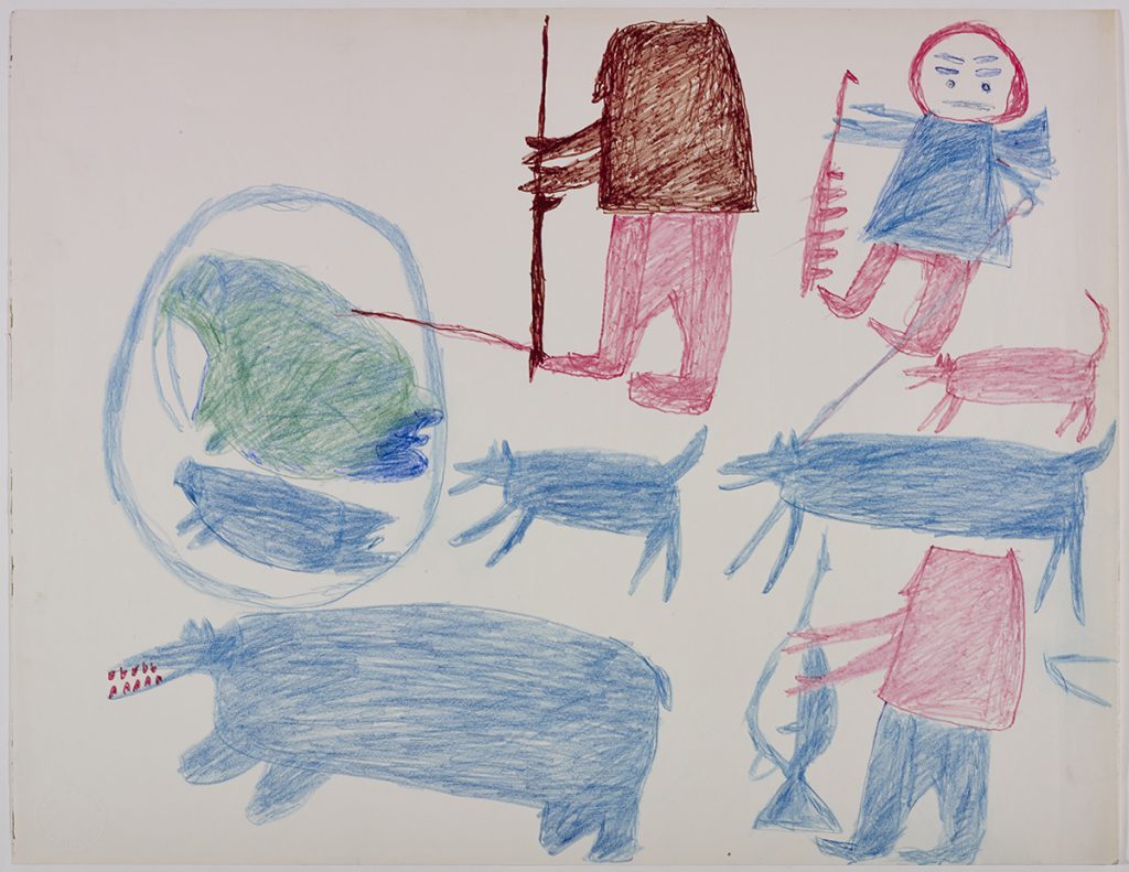 À gauche, un chasseur, un phoque, un chien, un morse et un ours polaire; à droite, deux chasseurs tenant une arme et deux chiens, dont un en laisse. Œuvre bidimensionnelle exécutée en brun, rouge, vert et bleu.