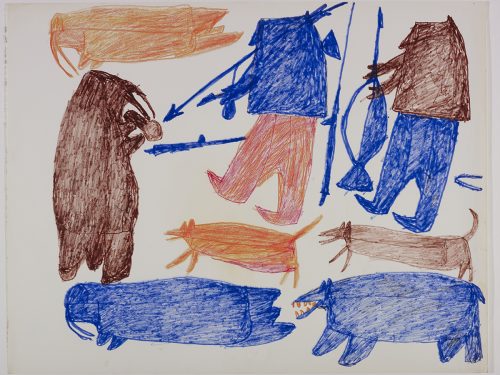 À gauche, trois morses, un chasseur et un chien; à droite, un chasseur, un chien et un ours polaire. Œuvre bidimensionnelle exécutée en bleu, orange et brun.