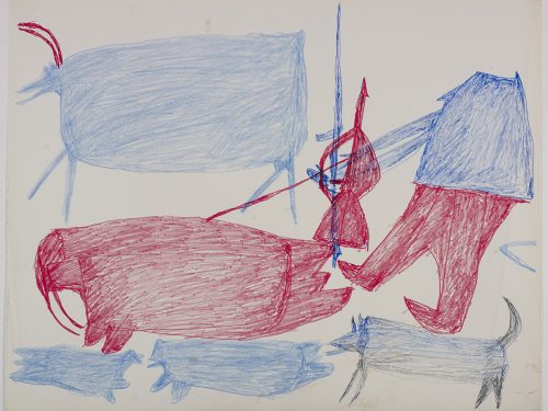 Dans le haut de la page, un caribou et un chasseur traînant un morse, dans le bas, deux phoques et un chien. Œuvre bidimensionnelle exécutée en rouge et bleu.