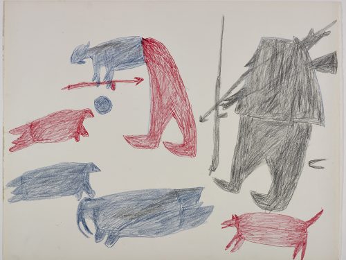 Dans le haut de la page, deux chasseurs et un phoque; dans le bas, un phoque, un morse et un chien. Œuvre bidimensionnelle exécutée en noir, rouge et bleu.