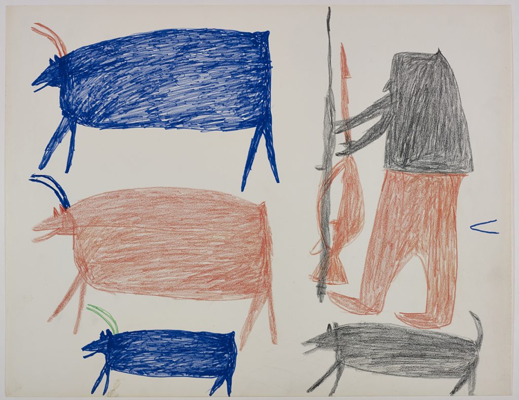 À gauche, trois caribous; à droite, un chasseur et un chien. Œuvre bidimensionnelle exécutée en bleu, noir, vert et orange.