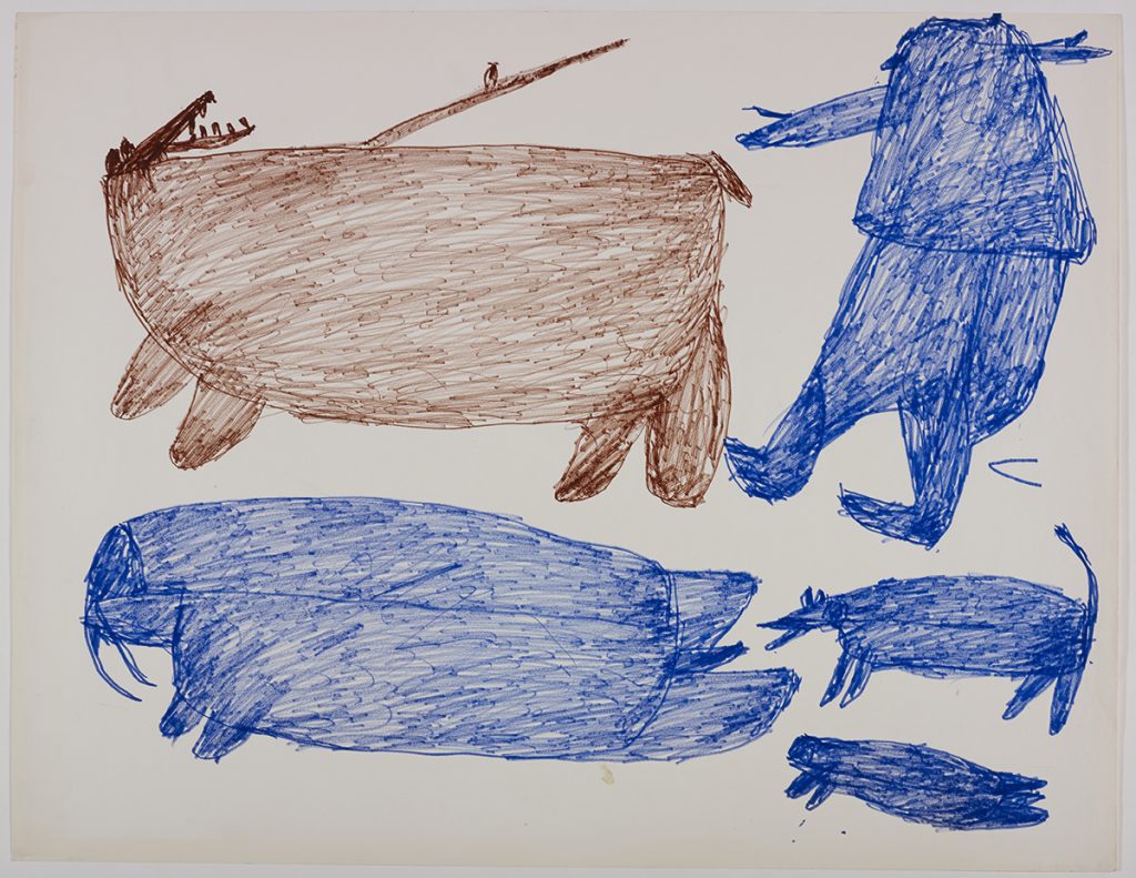 À gauche, un ours polaire et un morse; à droite, un chasseur, un chien et un phoque. Œuvre bidimensionnelle exécutée en bleu et brun.