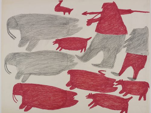 Dans le haut de la page, un oiseau, deux humains, un chien et deux morses; dans le bas, un morse, un phoque et deux chiens. Œuvre bidimensionnelle exécutée en rouge et gris.