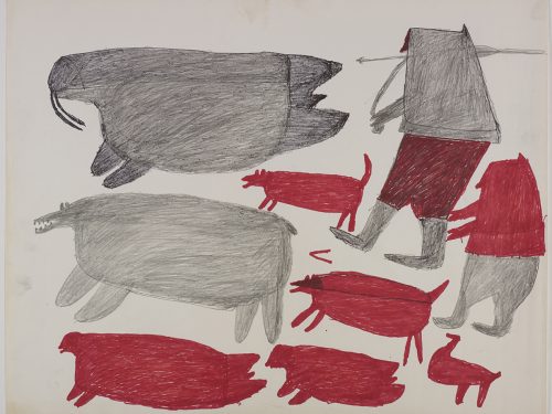 À gauche, un morse, un ours polaire et un phoque; au centre, un chien; à droite, deux humains, un chien, un phoque et un oiseau. Œuvre bidimensionnelle exécutée en rouge et gris.