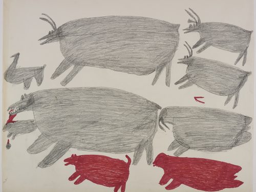 Dans le haut de la page, un oiseau et trois caribous; dans le bas, un ours polaire mangeant un phoque à côté d'un morse, un chien et un phoque. Œuvre bidimensionnelle exécutée en rouge et gris.